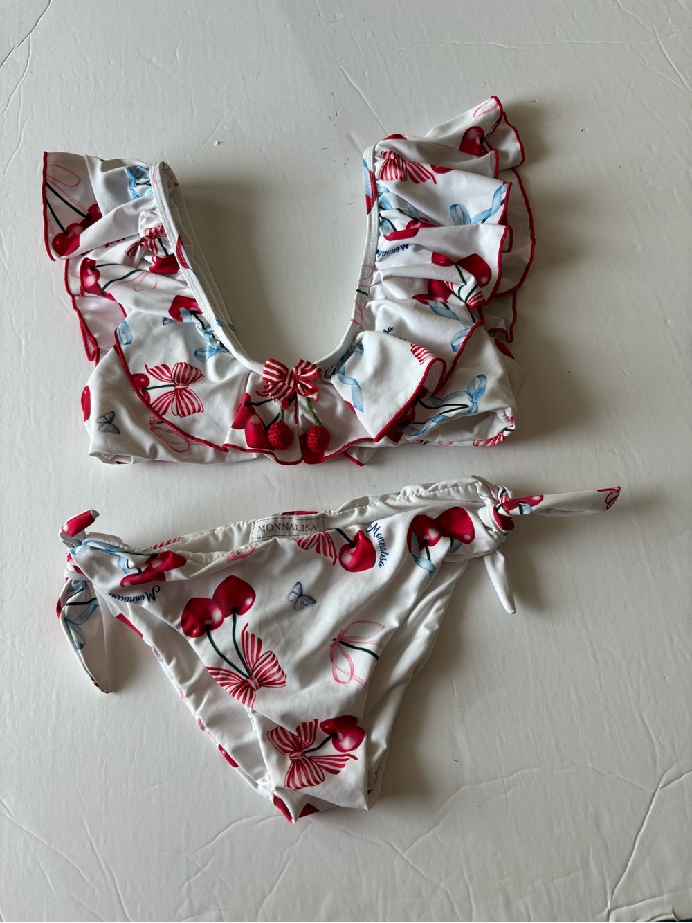 MonnaLisa White & Red Cherry Ruffle Two-Piece Swim Set
